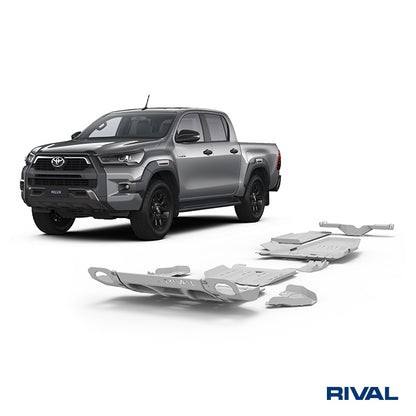 Kit de protections inférieures en aluminium 6mm pour Toyota Hilux Revo 2016+ par RIVAL 4X4, protections intégrales robustes.