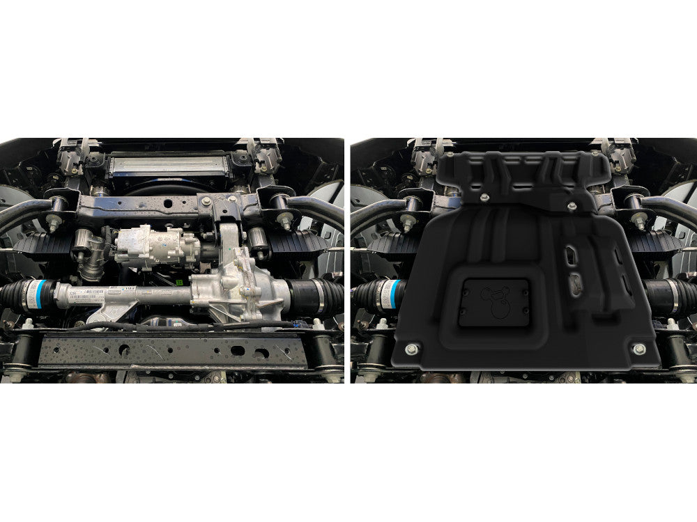 Pack de blindages en acier 3 mm pour Ford Ranger 2023+ avec protections inférieures, par RIVAL 4x4, en position sous le véhicule.