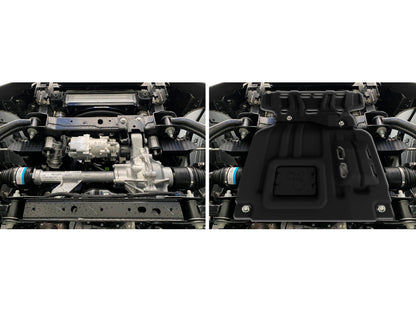 Pack de blindages en acier 3 mm pour Ford Ranger 2023+ avec protections inférieures, par RIVAL 4x4, en position sous le véhicule.