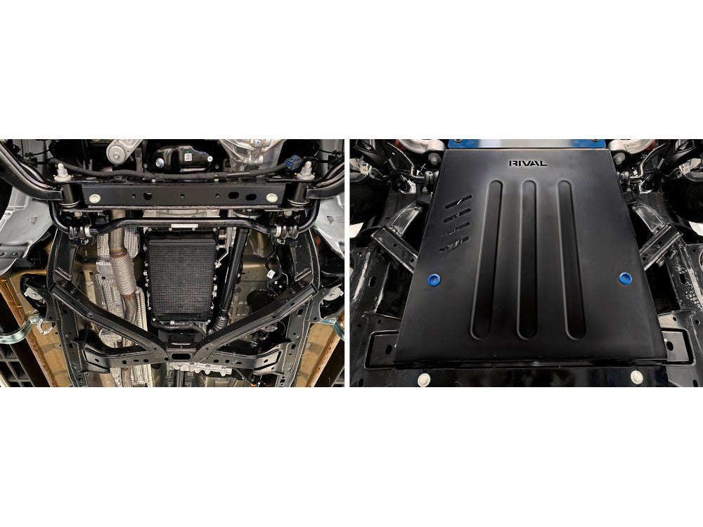 Pack de protections inférieures en acier 3mm pour Ford Ranger 2023+ de la marque RIVAL 4x4, visible avec blindages robustes.