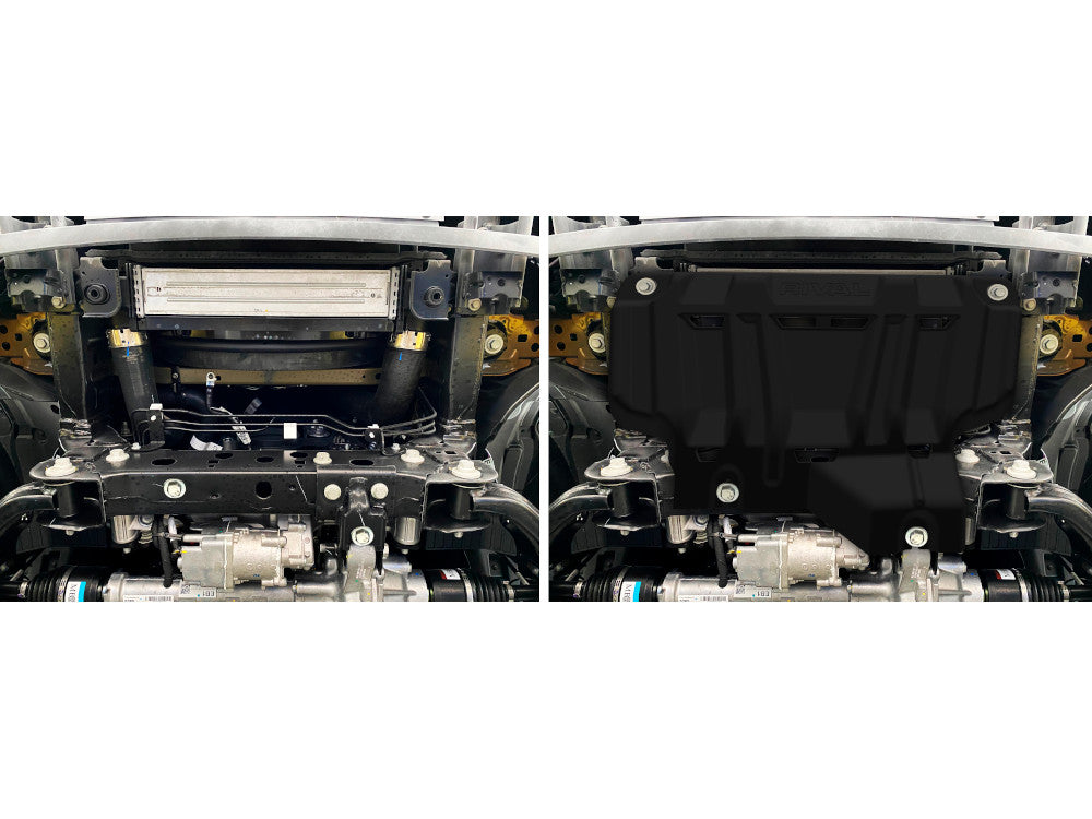Pack de protections inférieures en acier 3mm pour Ford Ranger 2023+ de la marque RIVAL 4x4, visible en position sous le véhicule.