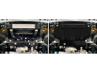 Pack de protections inférieures en acier 3mm pour Ford Ranger 2023+ de la marque RIVAL 4x4, visible en position sous le véhicule.