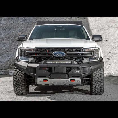 Pare-choc avant GEN2 RIVAL en aluminium pour Ford Ranger 2023+ par RIVAL 4X4, montrant le design robuste et la finition métallique.