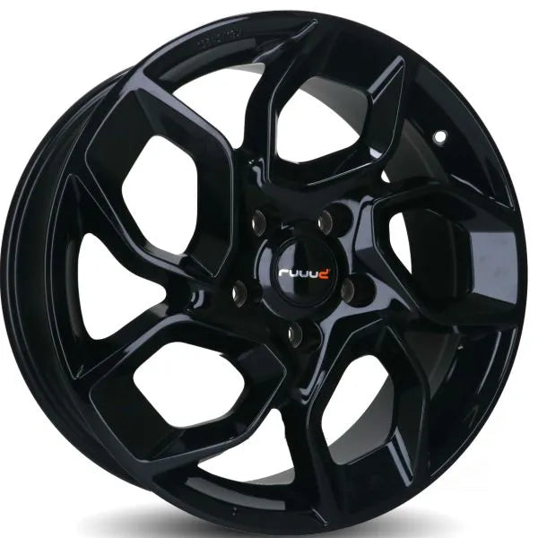 Jante en aluminium RUUUD 18 pouces, noir brillant, 5x120, certifiée TÜV, pour voiture, visible en gros plan.