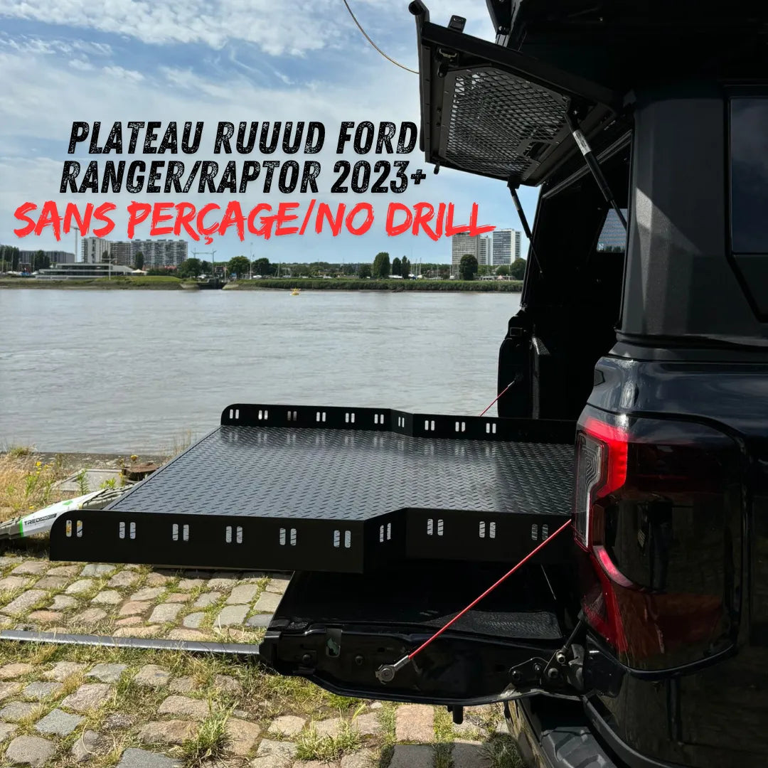 Plateau coulissant RUUUD pour Ford Ranger/Raptor 2023+ Next Gen sans perçage, installation facile, robuste et fonctionnel.