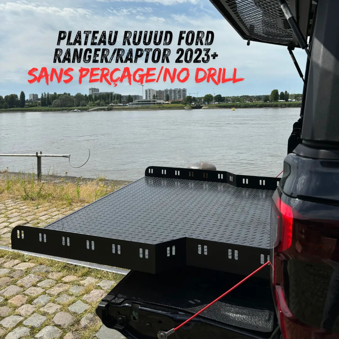 Plateau coulissant RUUUD pour Ford Ranger/Raptor 2023+ Next Gen, sans perçage, installation facile, robuste et pratique.