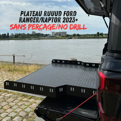 Plateau coulissant RUUUD pour Ford Ranger/Raptor 2023+ Next Gen, sans perçage, installation facile, robuste et pratique.