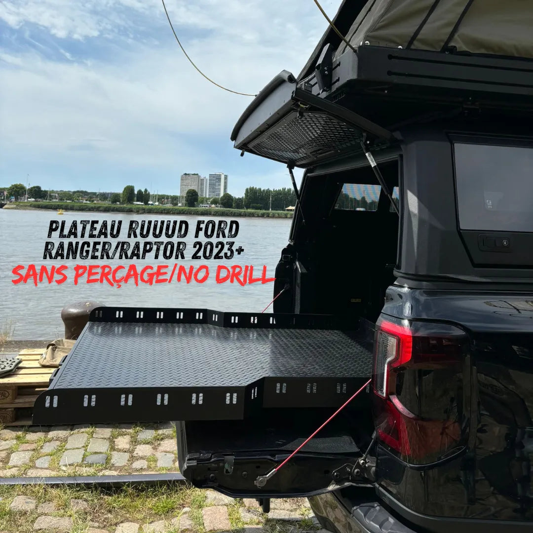 Plateau coulissant RUUUD pour Ford Ranger/Raptor 2023+ Next Gen sans perçage, finition robuste et installation facile.