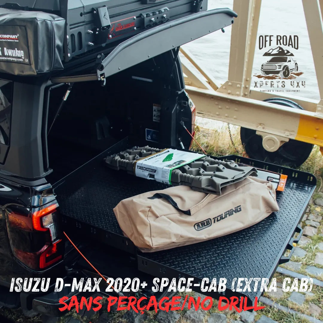 Plateau coulissant RUUUD pour Isuzu D-Max 2020+ Space-Cab, installation sans perçage, vue du plateau avec mécanisme coulissant.
