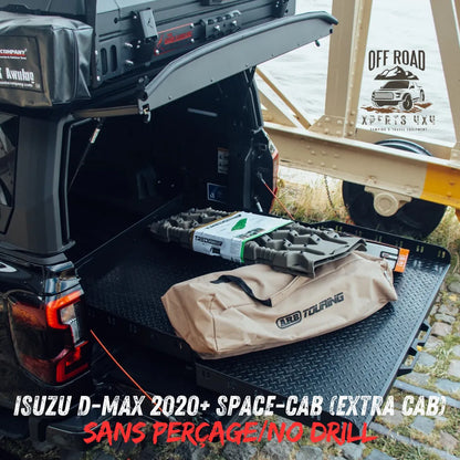 Plateau coulissant RUUUD pour Isuzu D-Max 2020+ Space-Cab, installation sans perçage, vue du plateau avec mécanisme coulissant.