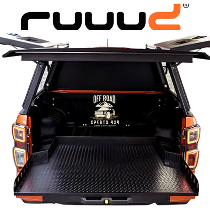 Plateau coulissant RUUUD pour Isuzu D-Max 2020+ Space-Cab, installation sans perçage, vue du plateau en position ouverte.