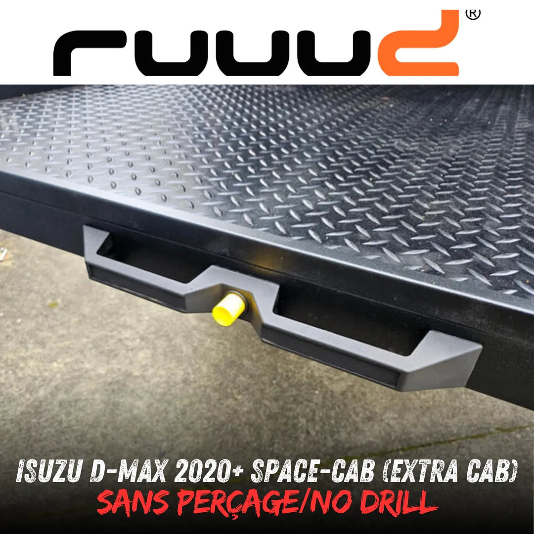 Plateau coulissant RUUUD pour Isuzu D-Max 2020+ Space-Cab, installation sans perçage, vue du plateau coulissant en position ouverte.