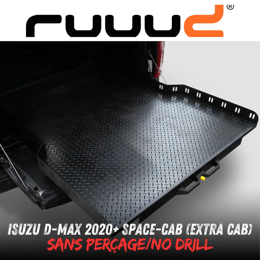 Plateau coulissant RUUUD pour Isuzu D-Max 2020+ Space-Cab, installation sans perçage, vue du plateau installé dans le véhicule.
