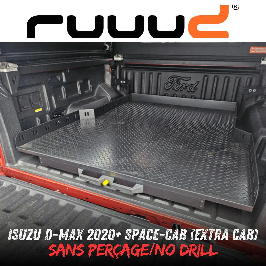 Plateau coulissant RUUUD pour Isuzu D-Max 2020+ Space-Cab, installation sans perçage, robuste et pratique pour le coffre.