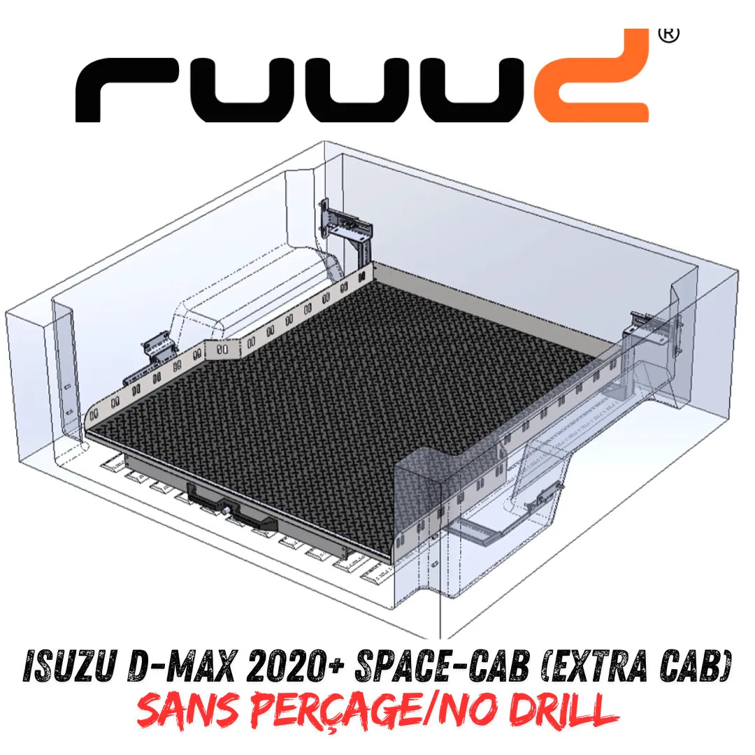Plateau coulissant RUUUD pour Isuzu D-Max 2020+ Space-Cab, installation sans perçage, vue du plateau et de la fixation.