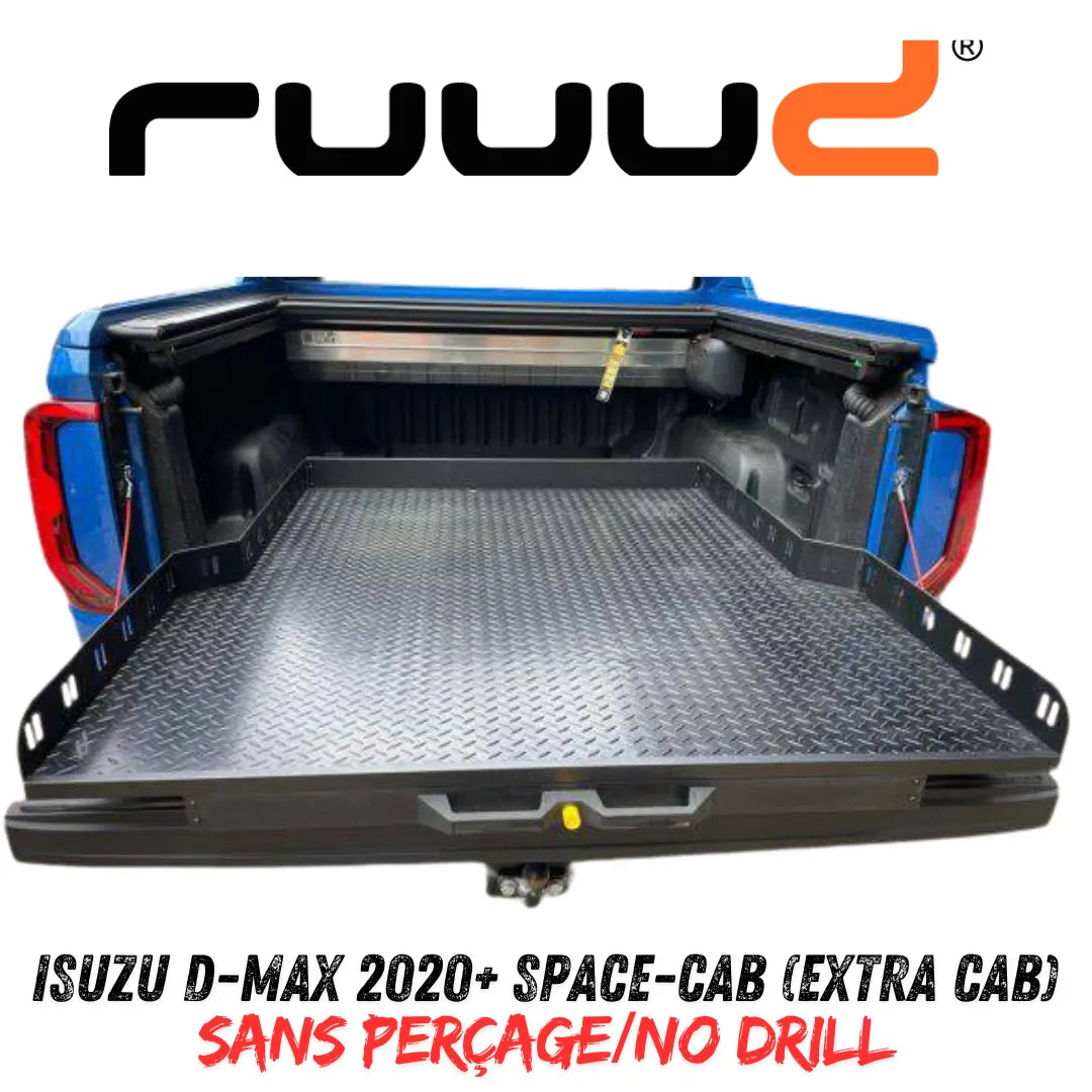Plateau coulissant RUUUD pour Isuzu D-Max 2020+ Space-Cab, installation sans perçage, vue du plateau avec rails métalliques.