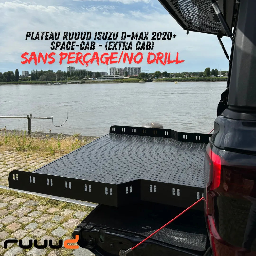 Plateau coulissant RUUUD pour Isuzu D-Max 2020+ Space-Cab, installation sans perçage, vue du plateau et mécanisme de glissement.