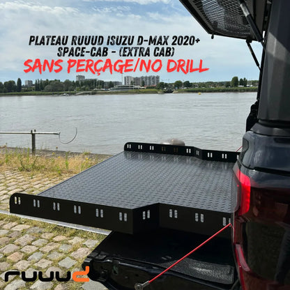 Plateau coulissant RUUUD pour Isuzu D-Max 2020+ Space-Cab, installation sans perçage, vue du plateau et mécanisme de glissement.