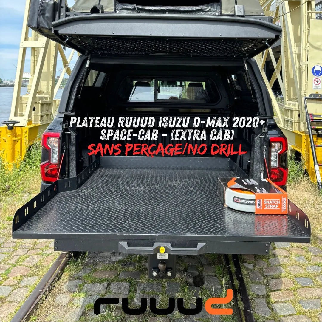 Plateau coulissant RUUUD pour Isuzu D-Max 2020+ Space-Cab, installation sans perçage, vue du plateau en position ouverte.