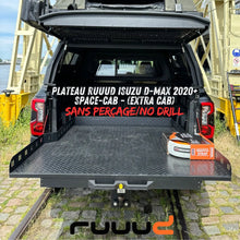 Plateau coulissant RUUUD pour Isuzu D-Max 2020+ Space-Cab, installation sans perçage, vue du plateau en position ouverte.