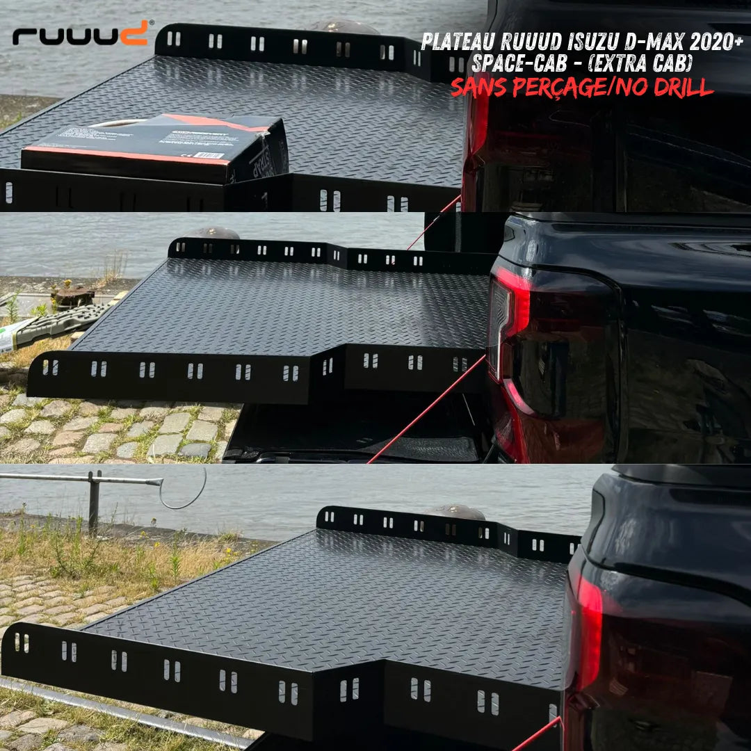 Plateau coulissant RUUUD pour Isuzu D-Max 2020+ Space-Cab, installation sans perçage, vue du plateau en position ouverte.