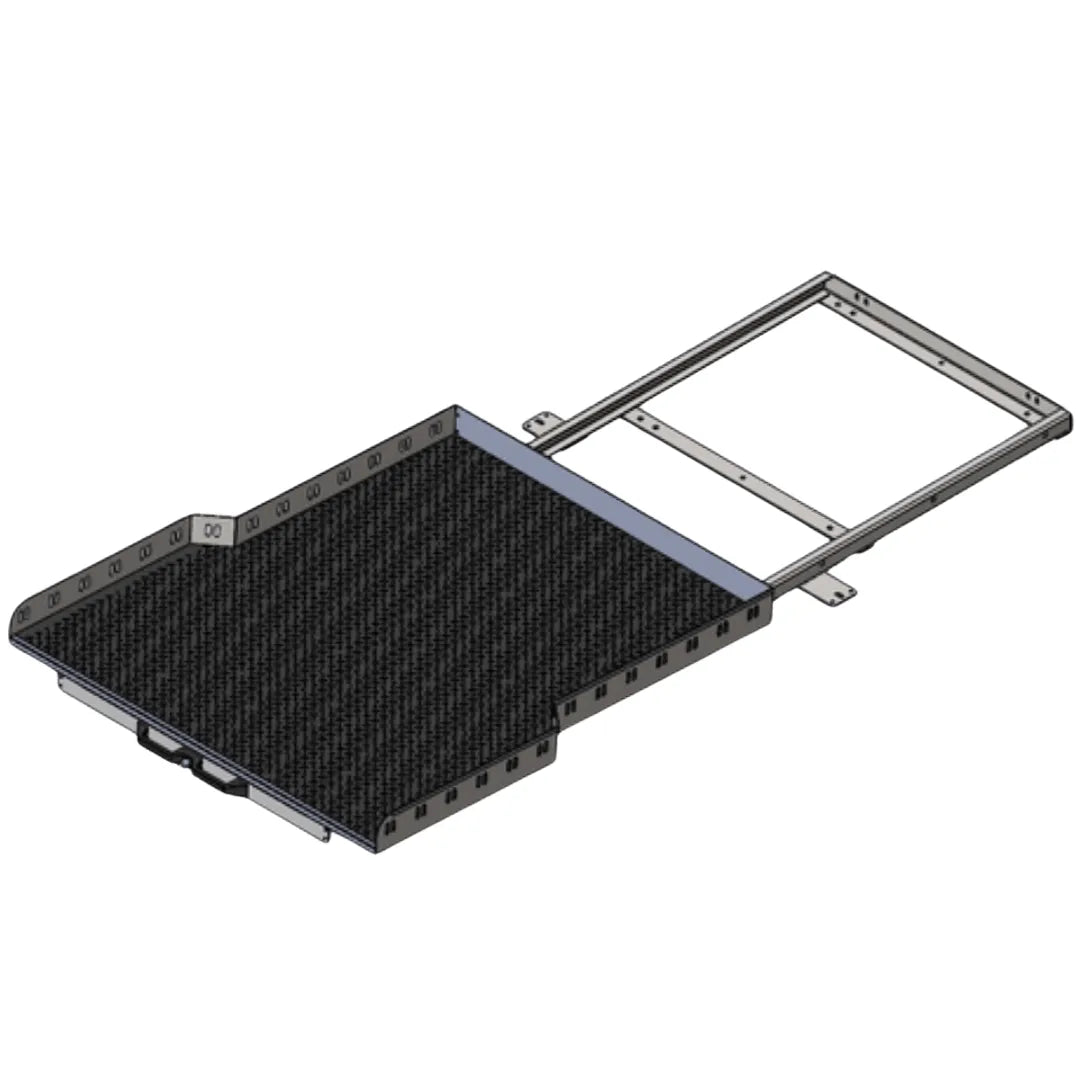 Plateau coulissant RUUUD pour Maxus T90/T60 double cabine 2022+, surface en acier robuste, installation sur le plateau du véhicule.