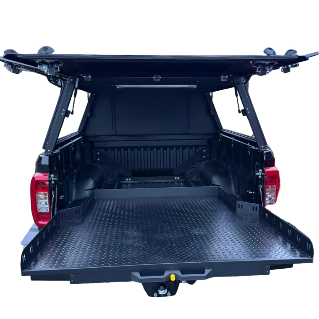 Plateau coulissant RUUUD pour Maxus T90/T60 Double Cab 2022+, surface en acier robuste avec rails latéraux.