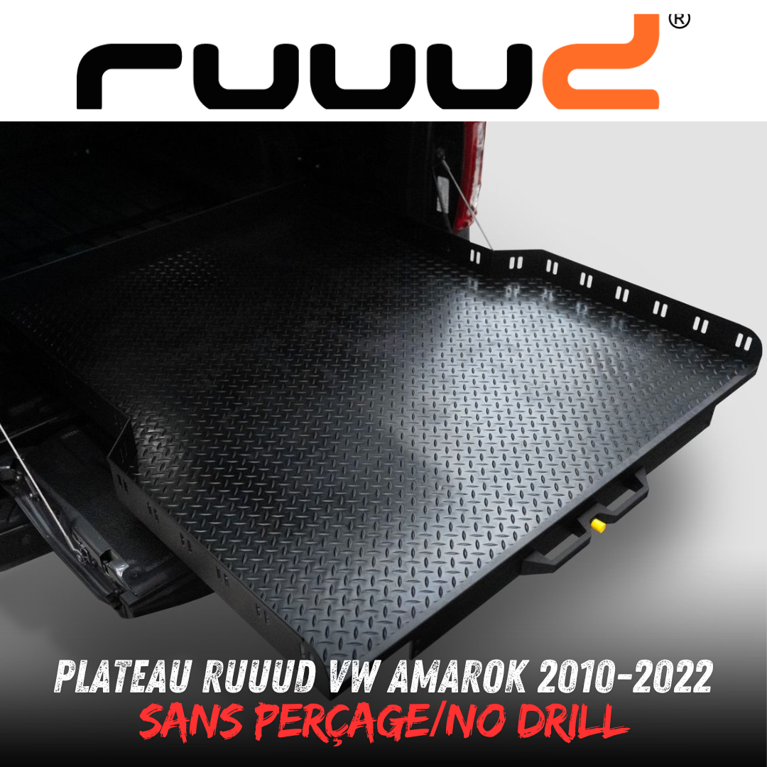 Plateau coulissant RUUUD pour VW Amarok 2010-2022 cabine double, surface en acier robuste avec rails latéraux.