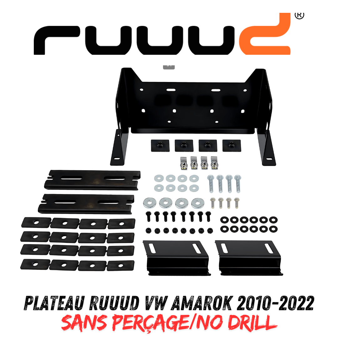 Plateau coulissant RUUUD pour VW Amarok 2010-2022, version double cab, montrant le mécanisme et la surface du plateau.