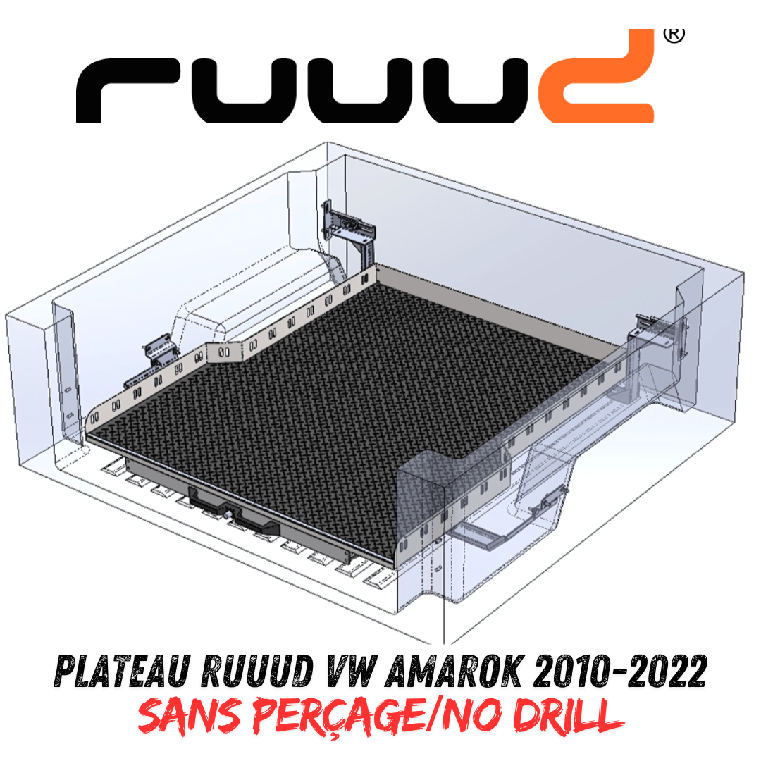 Plateau coulissant RUUUD pour VW Amarok 2010-2022 Double Cab, surface robuste et mécanisme de glissement visible.