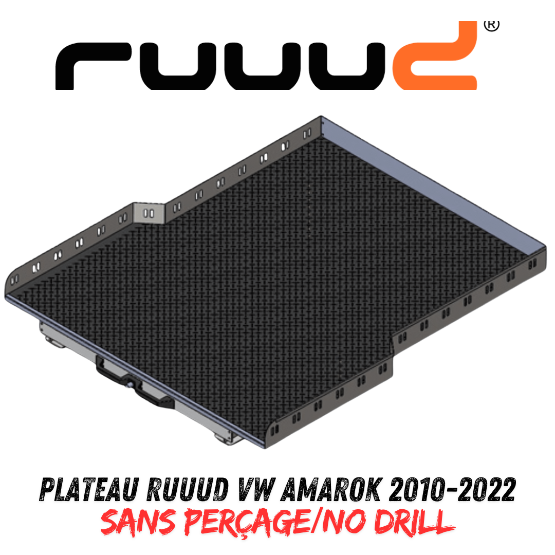 Plateau coulissant RUUUD pour VW Amarok 2010-2022 double cabine, vue du plateau avec rails et mécanisme de glissement.