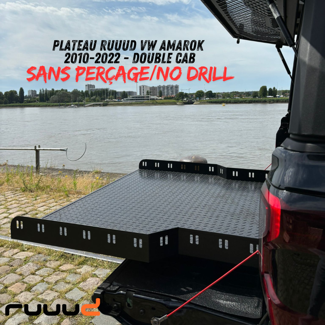 Plateau coulissant RUUUD pour VW Amarok 2010-2022, double cabine, vue du plateau installé dans le véhicule.
