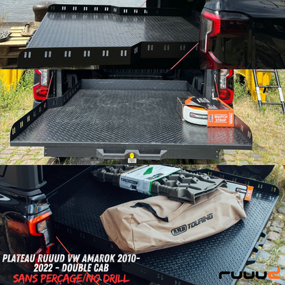 Plateau coulissant RUUUD pour VW Amarok 2010-2022 double cab, surface robuste avec rails latéraux pour chargement facile.