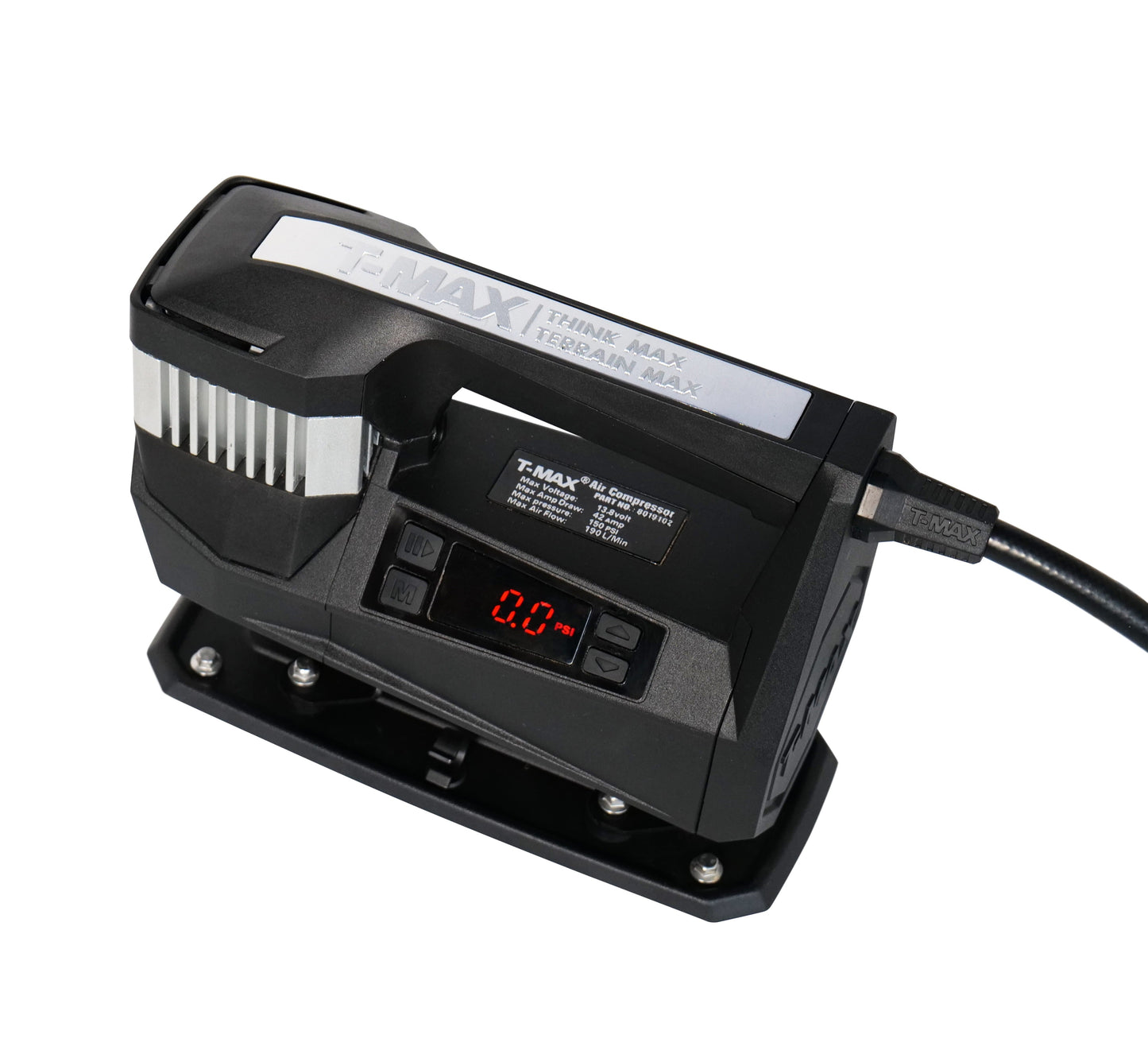 Compresseur T-MAX Storm Pump 150 PSI pour 4x4, image montrant le compresseur portable et ses composants.