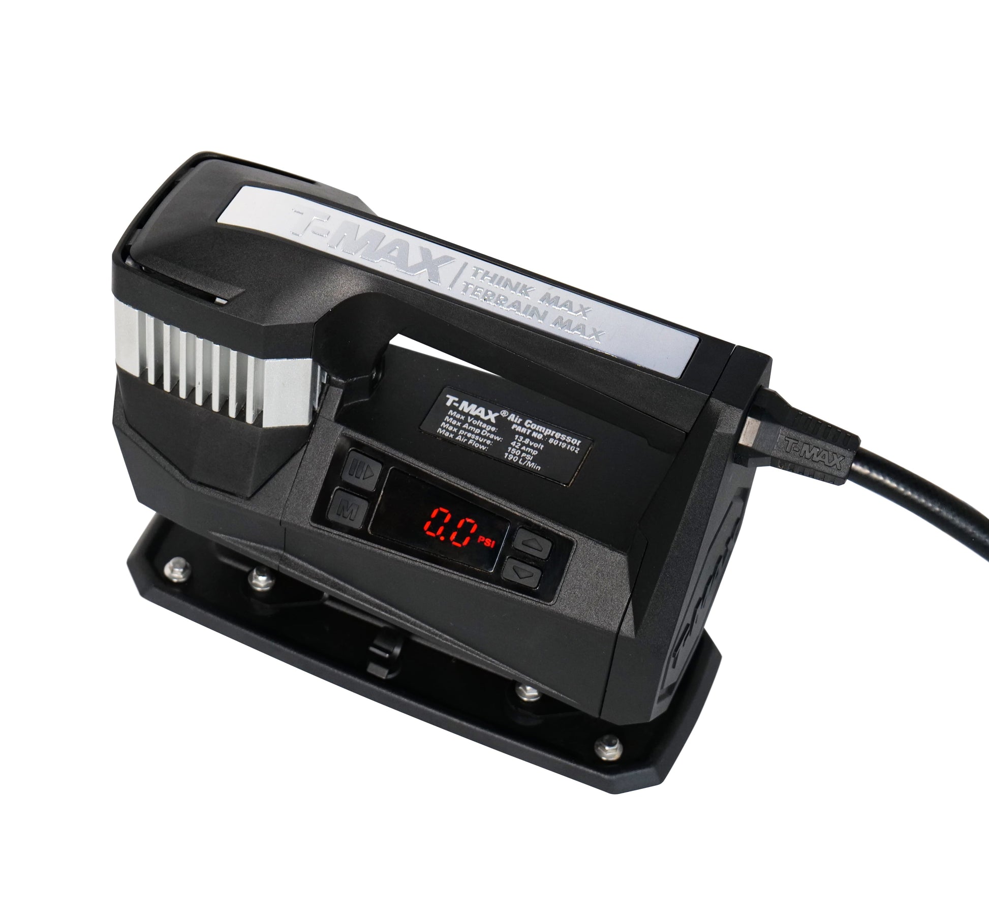 Compresseur T-MAX Storm Pump 150 PSI pour 4x4, image montrant le compresseur portable et ses composants.