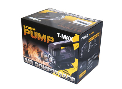 Compresseur T-MAX Storm Pump 150 PSI pour 4x4, avec manomètre et tuyau, idéal pour le gonflage rapide et fiable.