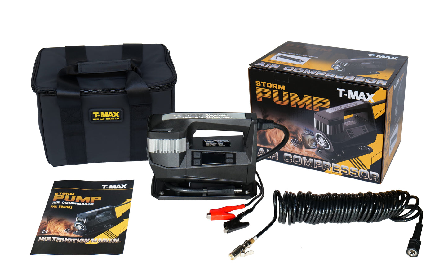 Compresseur T-MAX Storm Pump 150 PSI, pour 4x4, affichant le boîtier et le raccordement, idéal pour gonflage en extérieur.