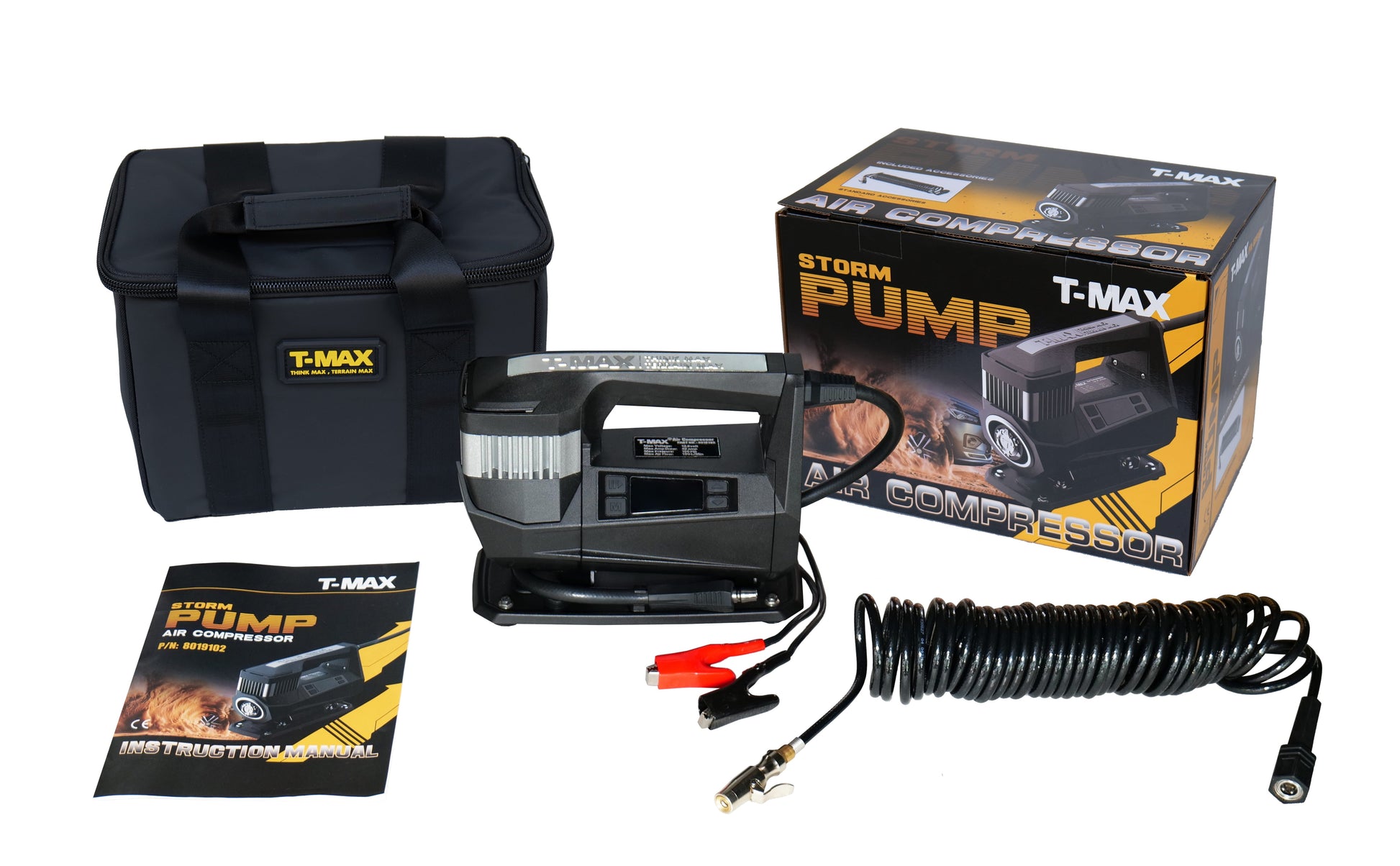 Compresseur T-MAX Storm Pump 150 PSI, pour 4x4, affichant le boîtier et le raccordement, idéal pour gonflage en extérieur.