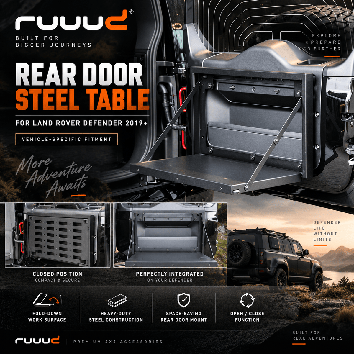 Table Rabattable en Acier pour Porte Arrière Land Rover Defender 2019+ - RUUUD - Defender 110