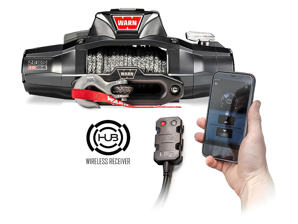 Treuil Warn Zeon XD12S 5,4T avec corde synthétique et contrôle sans fil, outil robuste pour levage et traction.