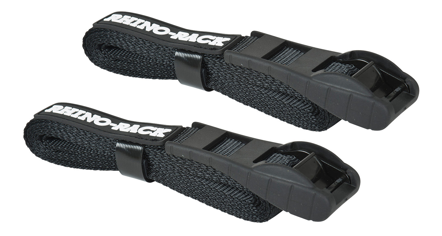 Sangles à came noires RHINO-RACK de 3,5 m, accessoires pour véhicule tout-terrain, fixation robuste pour transport sécurisé.