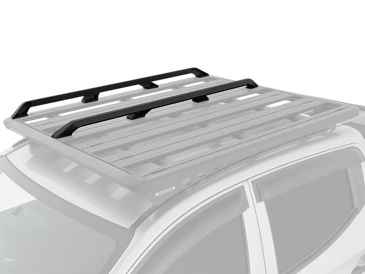 Rails latéraux de 1500mm pour galerie Pioneer 6, accessoires Rhino-Rack, en acier robuste, installés sur une galerie de véhicule.