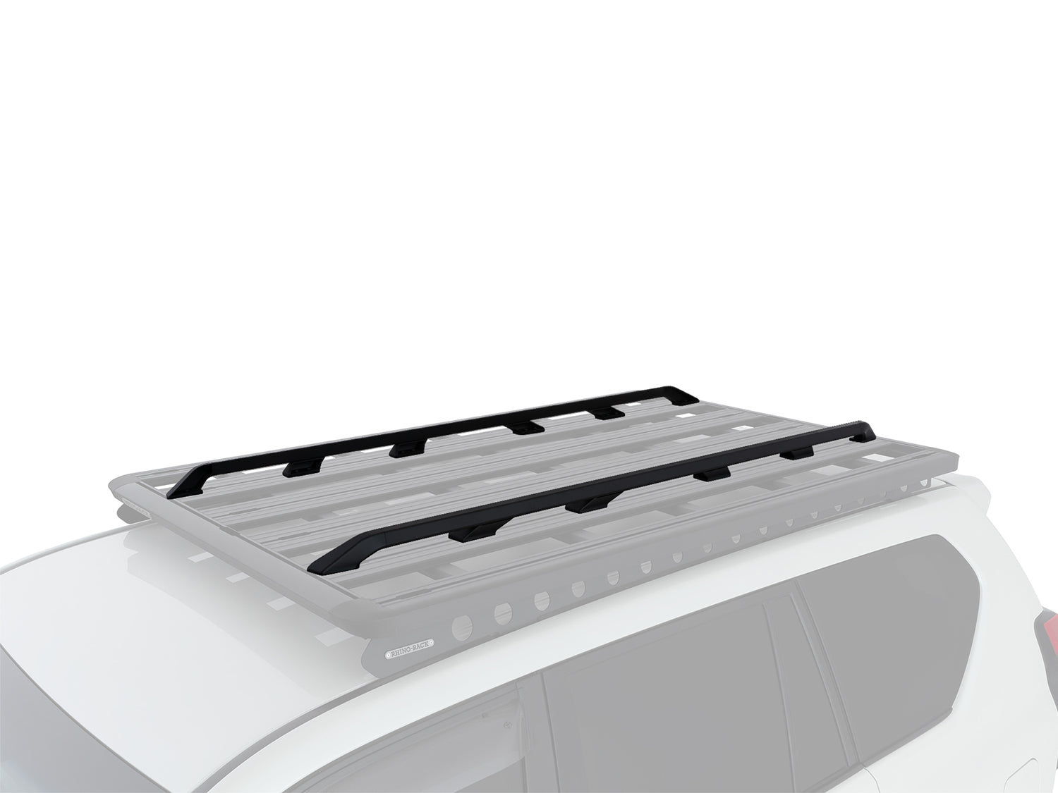 Rails latéraux de 2100mm pour galerie Pioneer 6, accessoires Rhino-Rack, en aluminium, fixés sur une galerie de véhicule.