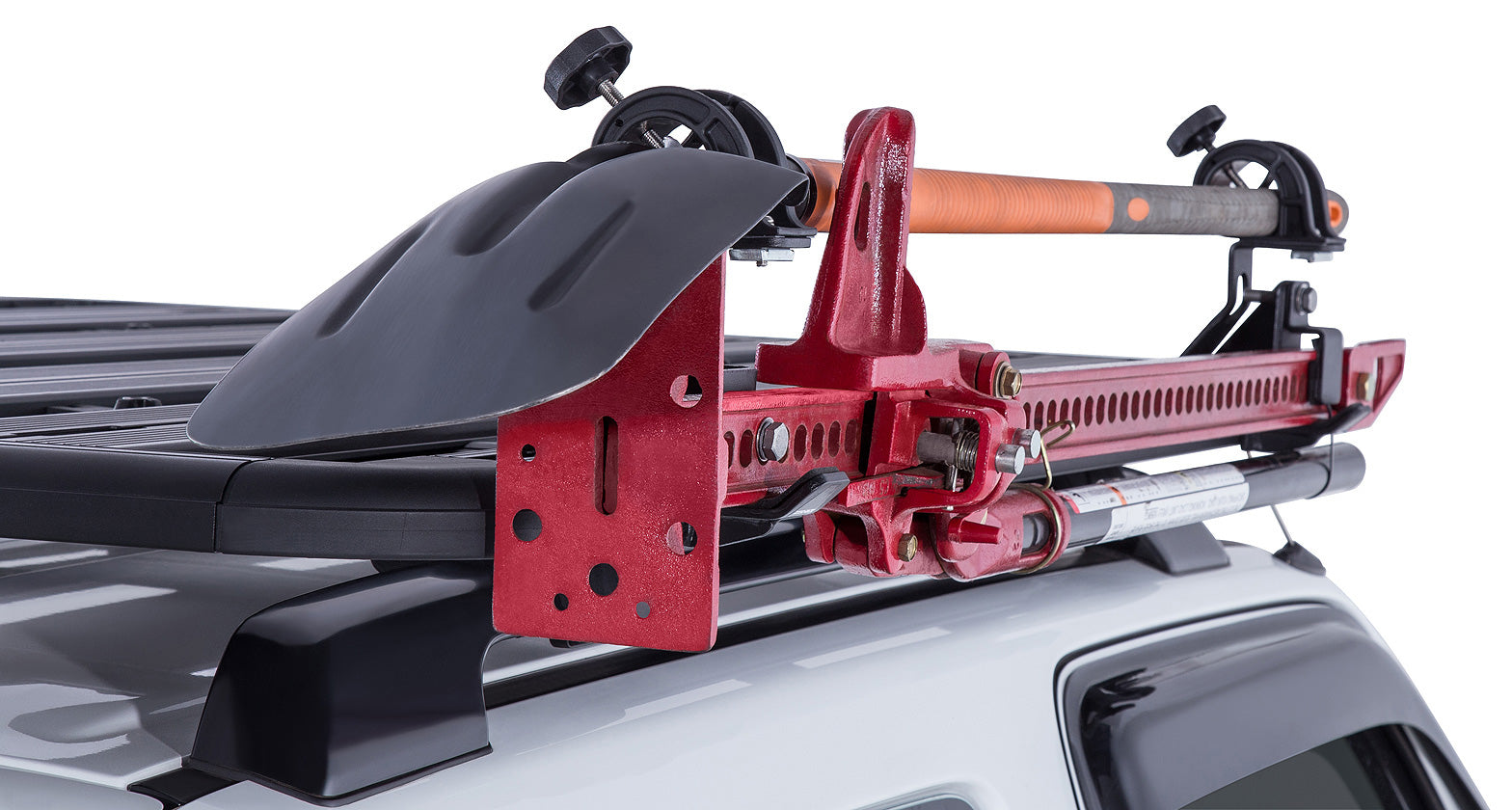 Support pour pelle et cric Hi-Lift RHINO-RACK sur plateforme Pioneer, accessoire robuste pour véhicule tout-terrain.