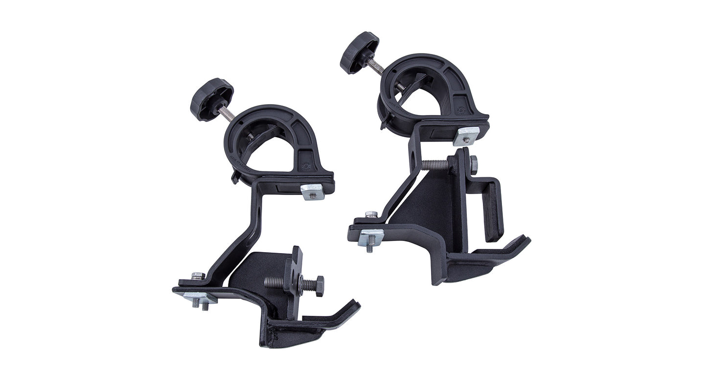 Support Rhino-Rack pour pelle et cric Hi-Lift sur plateforme Pioneer, accessoire robuste pour transport sécurisé.