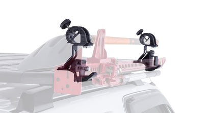 Support Rhino-Rack pour pelle et cric Hi-Lift sur plateforme Pioneer, accessoire robuste pour équipement tout-terrain.