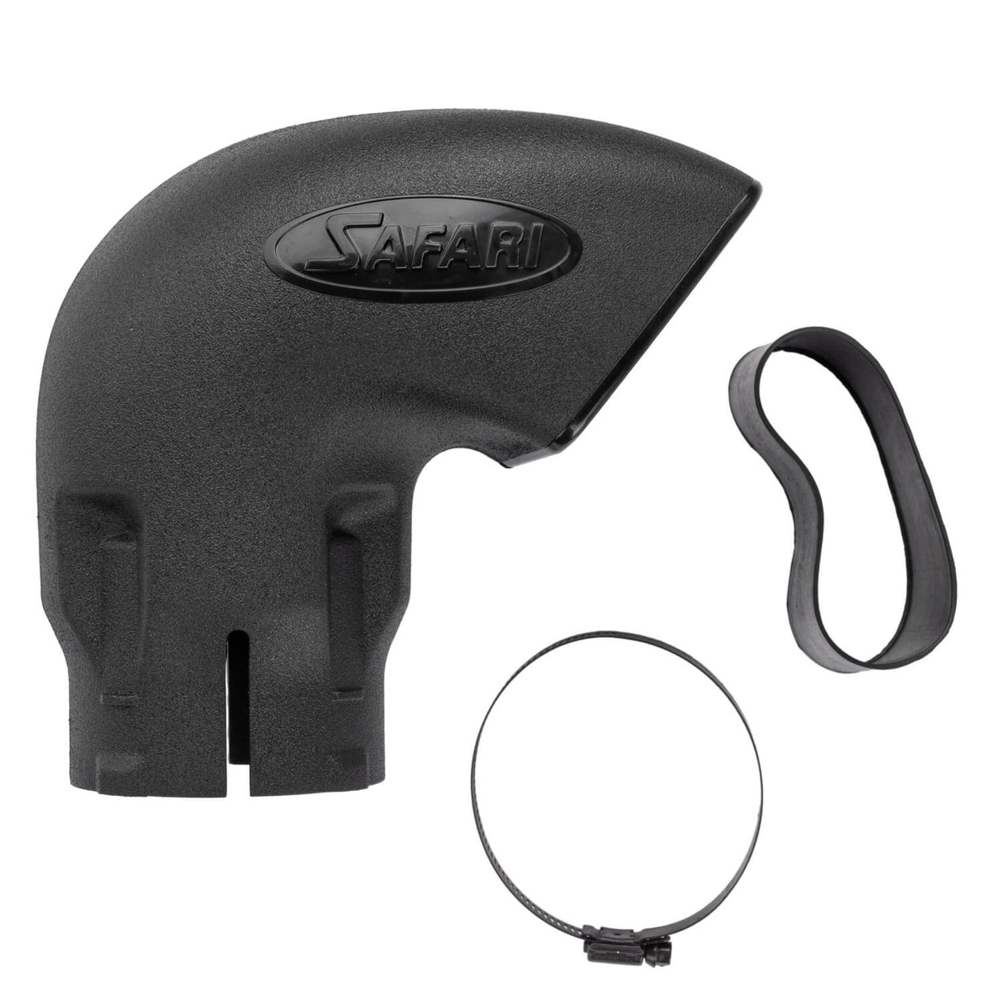 Tête de snorkel Safari 4x4 de 3,5 pouces avec grille fixe, accessoire snorkeling robuste et durable pour véhicule tout-terrain.
