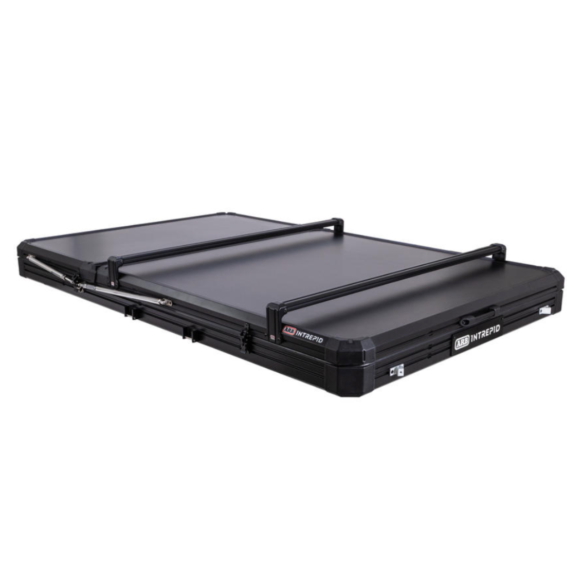 Paired ARB Intrepid roof tent crossbars kit, accessories for roof tent, black metal bars on tent roof, outdoor camping gear.