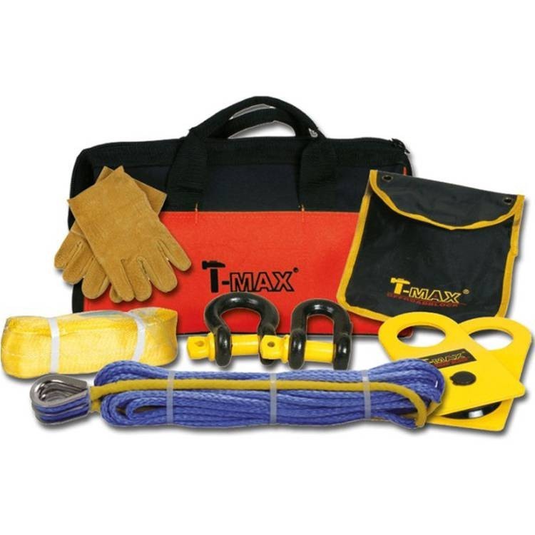 Kit treuillage 4x4 T-MAX avec corde synthétique 15m et accessoires off-road pour treuils tout-terrain.