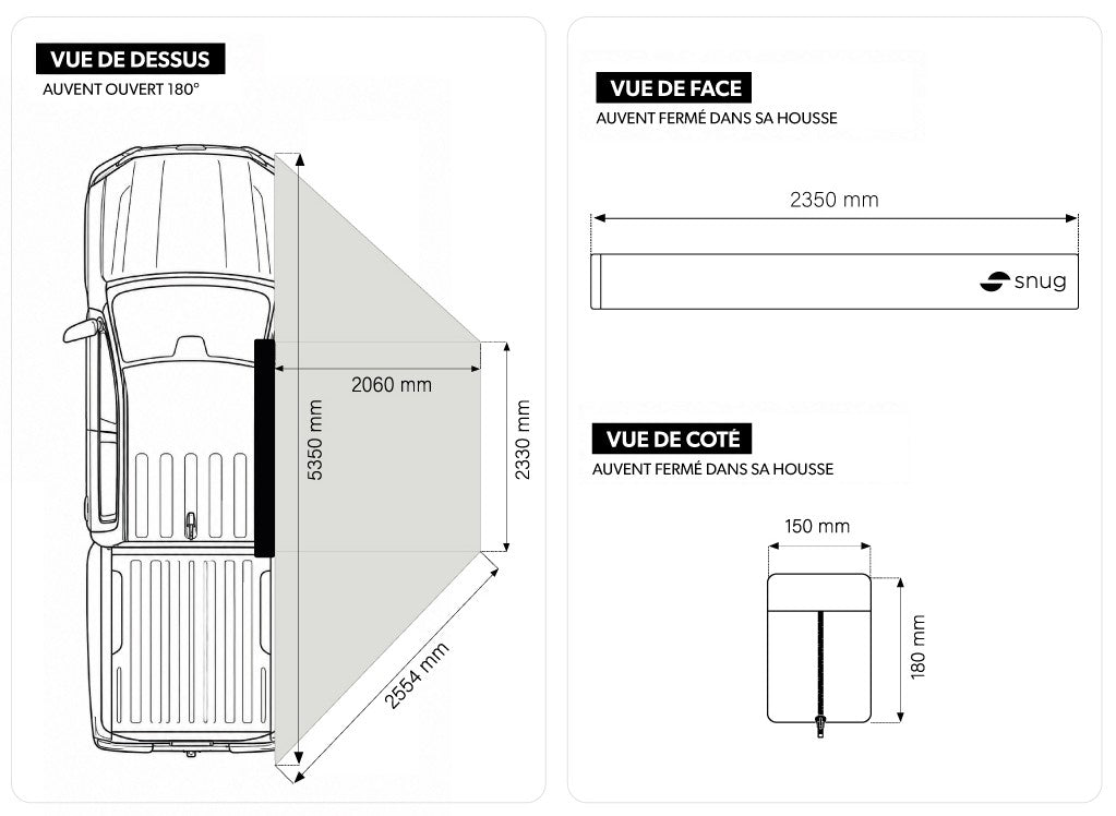 Auvent autoportant SNUG MALAGA 180° pour raid 4x4, montage facile, conçu pour véhicules tout-terrain et camping en plein air.